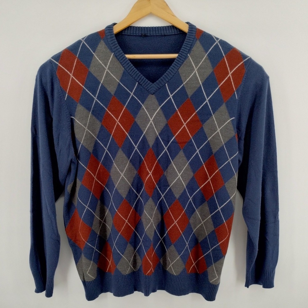 Mens Argyle V Neck Sweater Blue‎ Gray Red Long Sleeve Soft Size XL Grandpacore